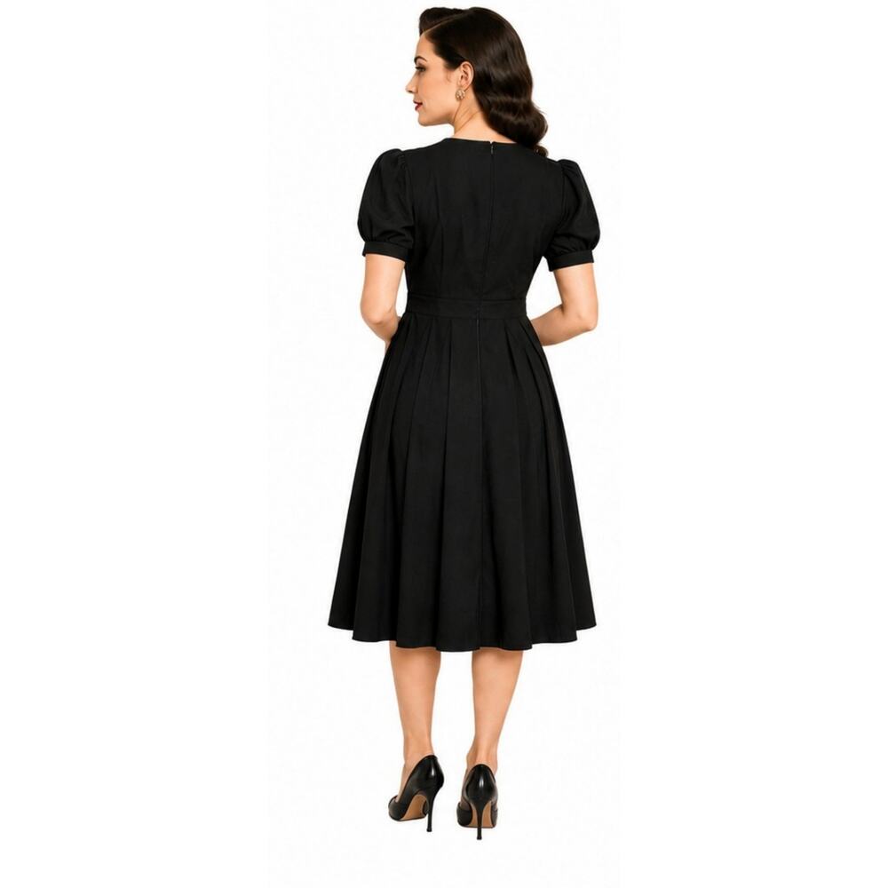 Unique Vintage Black Fit & Flare Dress Puff Sleeve Faux Wrap Retro Pinup Large - Picture 3 of 5